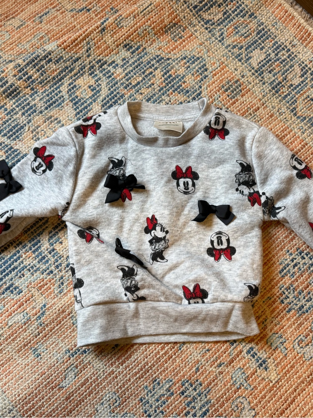 Disney Girls' Grey Minnie Mouse Sweatshirt with Black Bows and Red Accents